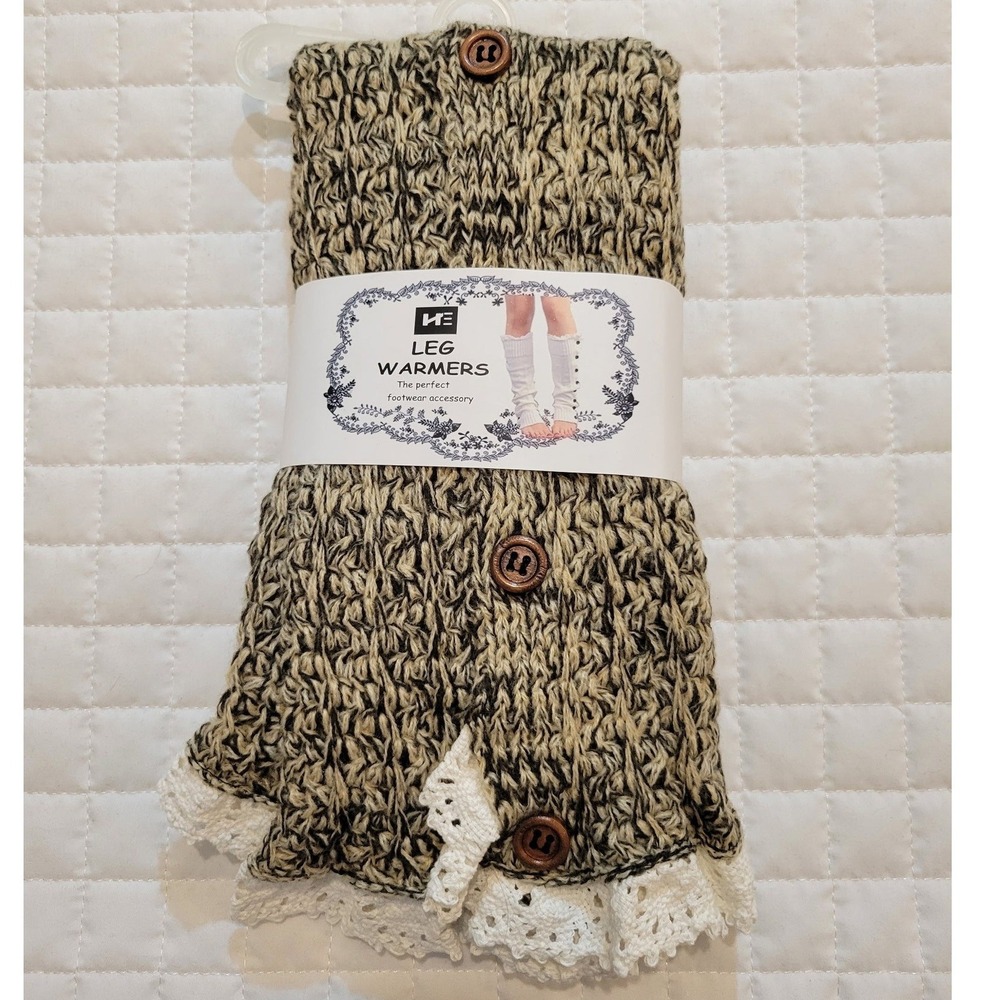 NEW HE Women Marled Tan Knit Leg Warmers Crochet Lace Cottagecore Cabincore Cozy